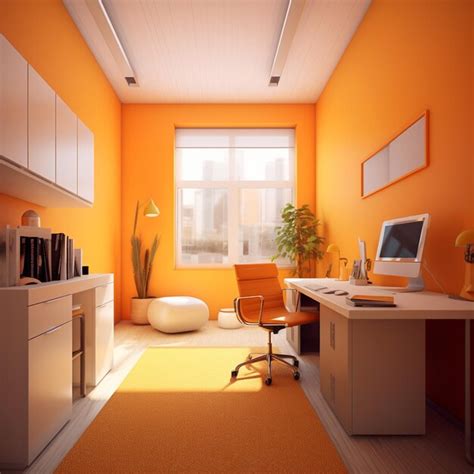 Premium AI Image | A bright orange room with a white desk and a computer on the wall.