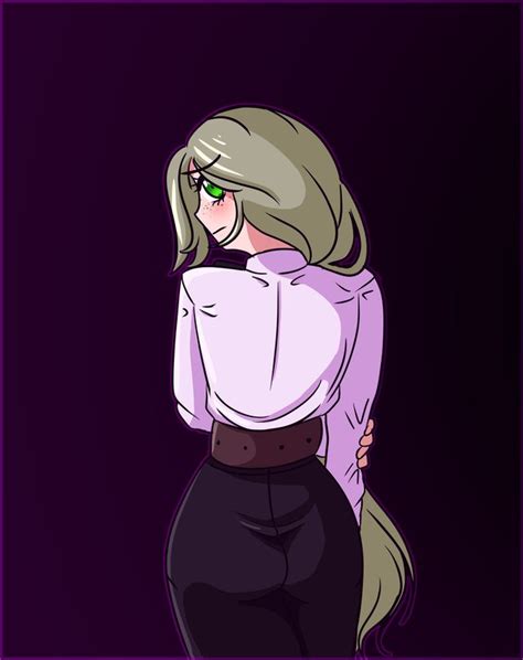 a drawing of a woman with blonde hair and green eyes wearing a purple ...