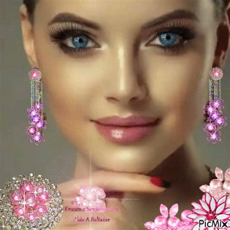 a beautiful woman with blue eyes and pink flowers on her necklace ...