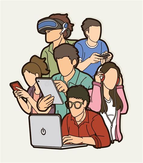 Group of People Using Digital Devices Cartoon Graphic Stock Vector - Illustration of earphones ...