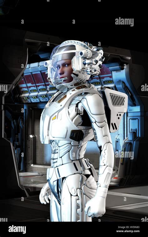 futuristic astronaut girl in space suit 3D render science fiction ...