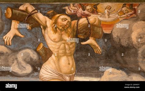 BIELLA, ITALY - JULY 15, 2022: The detail of Penitent thief as the part of Crucifixion fresco in ...