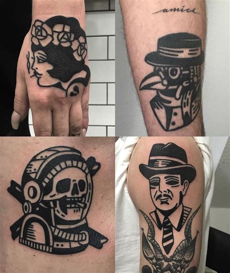 three different tattoos on the arms of men and women, one with a skull wearing a top hat