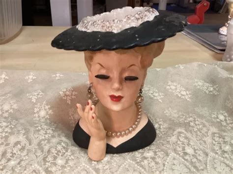 VINTAGE LADY BLACK Hat Head Vase Pearl Earring Necklace Napco C3343A ...