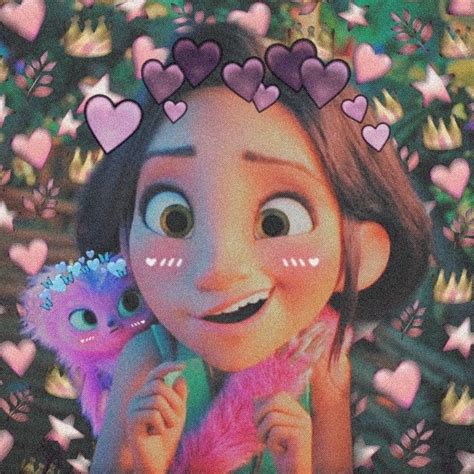 an animated character holding a stuffed animal in front of hearts and ...