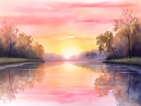 Premium AI Image | A painting of a river with a sunset in the background