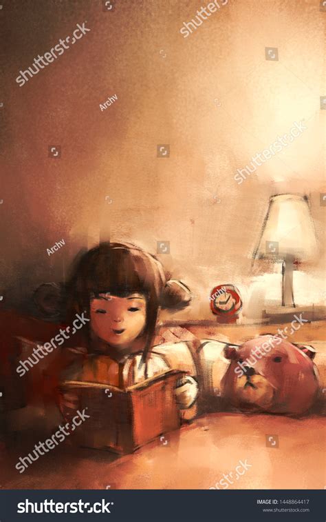 Digital Art Painting Little Girl Reading Stock Illustration 1448864417