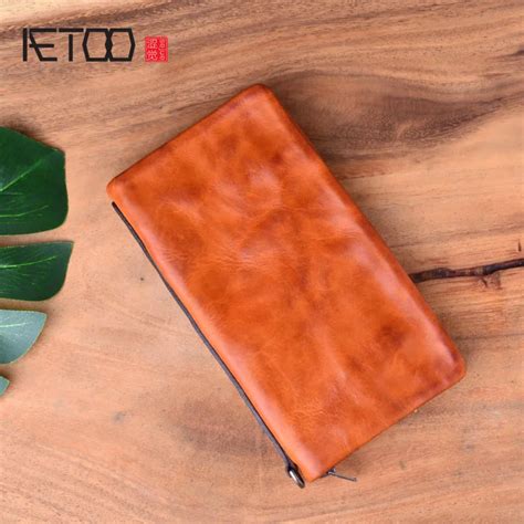 AETOO Men's wallet men's leather suede leather handbag long paragraph washed leather zipper ...