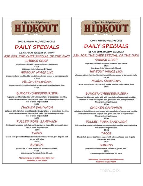 Menu of Hideout the Original in Tucson, AZ 85713