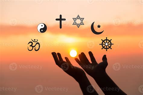 Religious symbols. Christianity cross, Islam crescent, Buddhism dharma ...