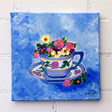 Tea Cup With Pansies Acrylic Painting By Amans Honigsperger | absolutearts.com