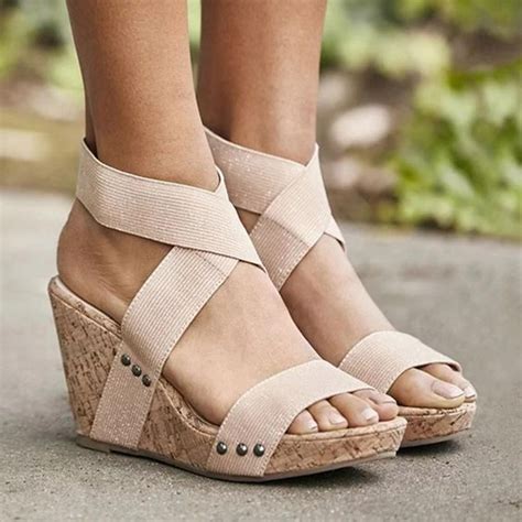 Large Size Women Peep Toe Elastic Band Cross Wedge Sandals | Wedge heel ...