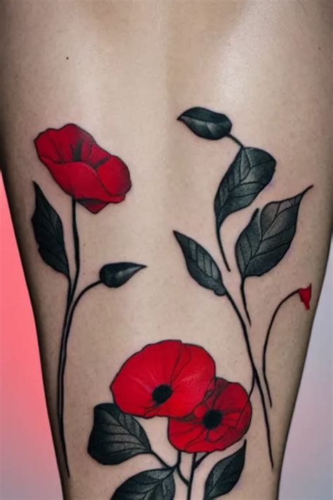 fine line tattoo poppy, black and red | Stable Diffusion