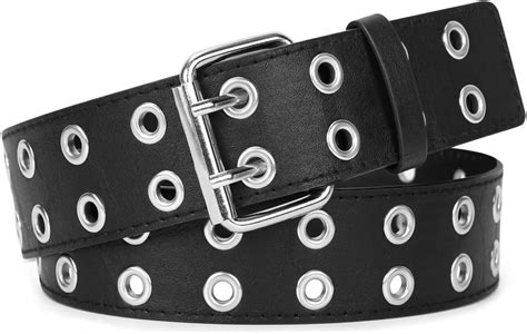 WERFORU Double Grommet Belt Black Punk Belt PU Leather 2 Hole Belt for Women Jeans with 2 Prong ...