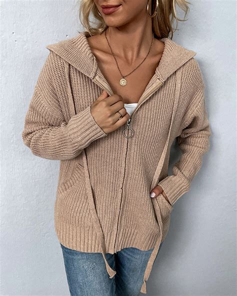 Long Sleeve Zipper Knitted Cardigan Hoodie Casual Short Sweater Outerw – Zeagoo