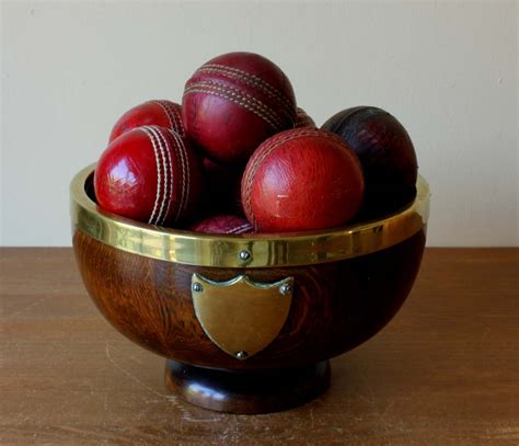 Antique English Oak Trophy Bowl & 12 Cricket Balls. Decorative.