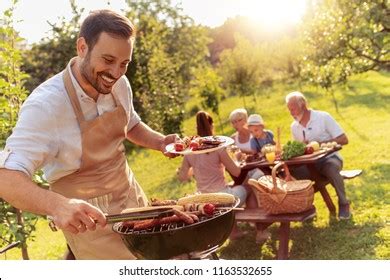 Happy Family Having Barbecue Party Backyardfoodfamilyfun Stock Photo ...