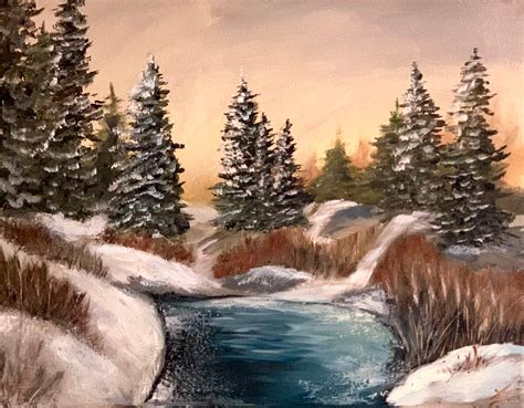 Beautiful Winter Landscape Oil Painting, Pine Trees and River in the ...