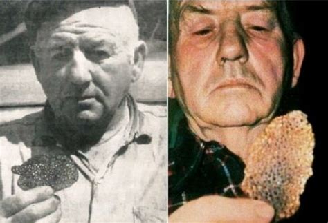 Two photographs of Joe Simonton with one of the "alien pancakes". (source of first photo: Vilas ...