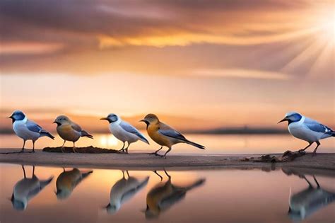 Premium AI Image | birds on the beach at sunset