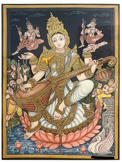 Saraswati Devi | Gold Foil Work | Mysore Painting | | Exotic India Art