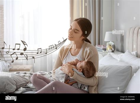 Mother singing lullaby to her sleepy baby at home. Illustration of flying musical notes around ...