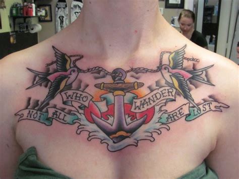 Sea anchor and two soaring birds with inscription tattoo on chest - Tattooimages.biz