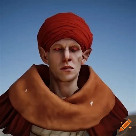 Portrait of a red-haired elf man with a turban hat and a mask