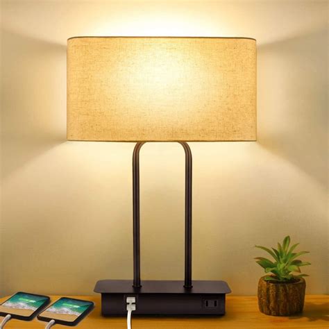 3-Way Dimmable Touch Control Table Lamp with 2 USB Ports and AC Power Outlet Modern Bedside ...