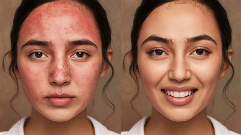 Premium Photo | Cropped shot of young woman face before after acne treatment on face pimples red ...