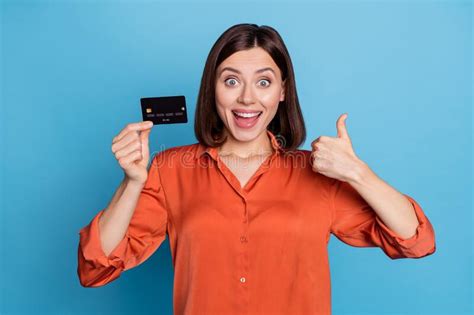 Portrait of Attractive Trendy Cheerful Girl Holding in Hand Bank Card ...