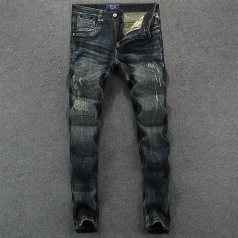 Italian Style Fashion Men's Jeans High Quality Slim Fit Ripped Jeans Men Vintage Style 100% ...