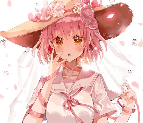 Download Bubble Blush Pink Hair Yellow Eyes Flower Hat Short Hair Anime ...