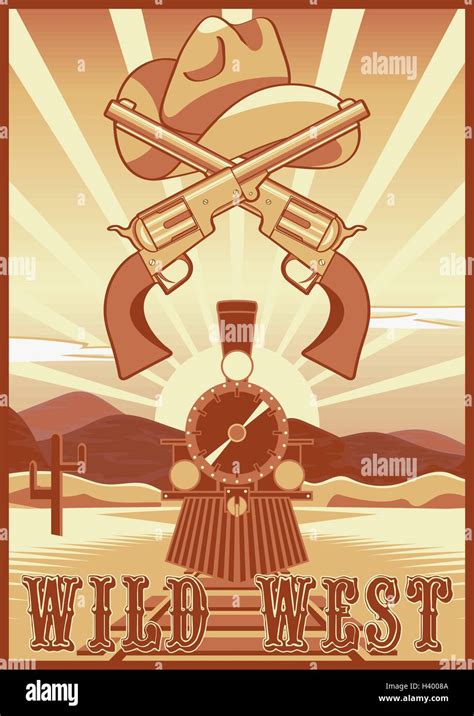 Wild west vintage card or poster with desert landscape, train, guns and ...