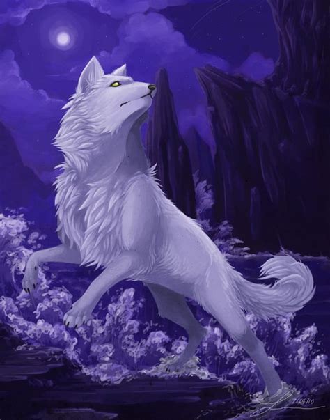 a white wolf standing on its hind legs in front of a purple and black background