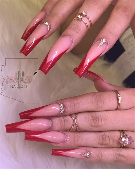 Coffin Red French Tip Nails - Beauty & Health