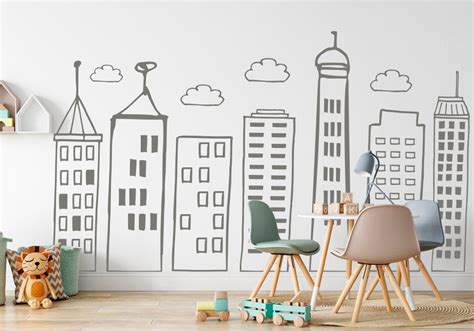 Large Doodled City Skyline Wall Decals Nursery Kids Room | Etsy