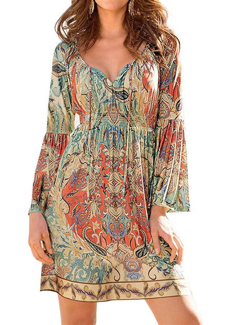 ZXZY Boho Style Women Dress Long Sleeve Beach Summer Dresses Floral ...