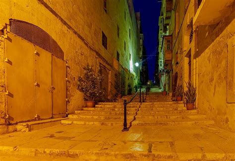 Valletta Old Medieval Street At Night Narrow Traditional Medieval ...