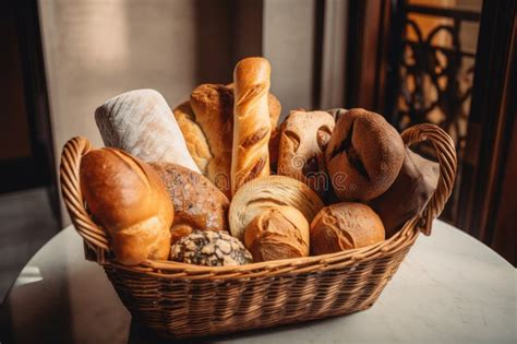 Basket Overflowing with Rustic, Artisan Breads and Rolls Stock ...