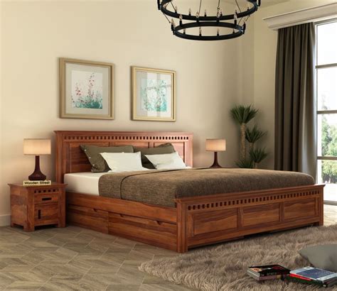 Buy Adolph Sheesham Wood Bed With Side Storage (King Size, Honey Finish) Online in India at Best ...