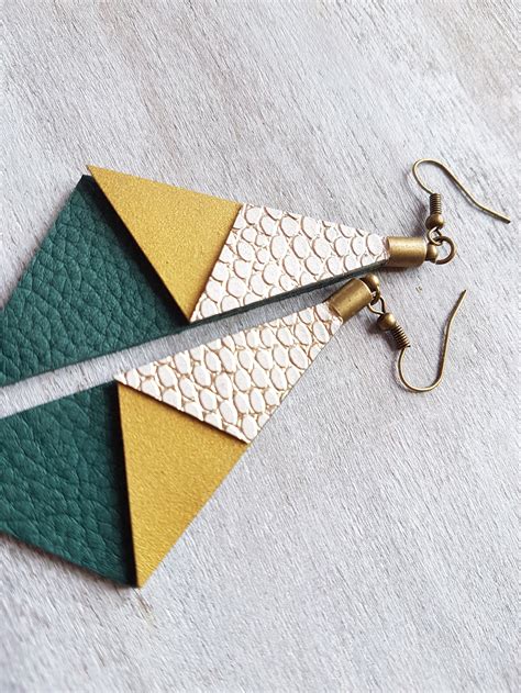 Emerald green large triangle earrings with gold detail | Etsy