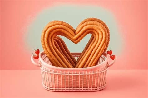 Premium AI Image | Heartshaped churros in a basket on a pastel pink background created with ...