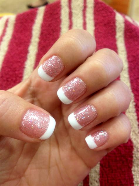 Gel nails. Love! Light Glitter Pink w White tips. | Nails, Nail designs, Gel nails