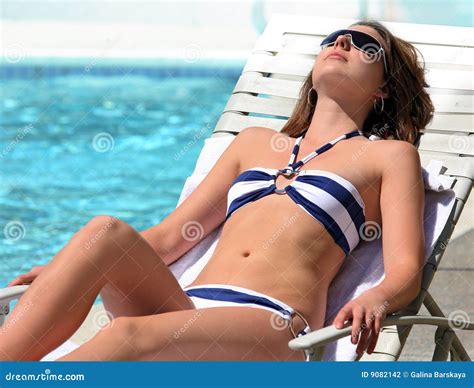 Girl Sunbathing On Beach In Hand Pink Inflatable Circle Royalty-Free Stock Photography ...