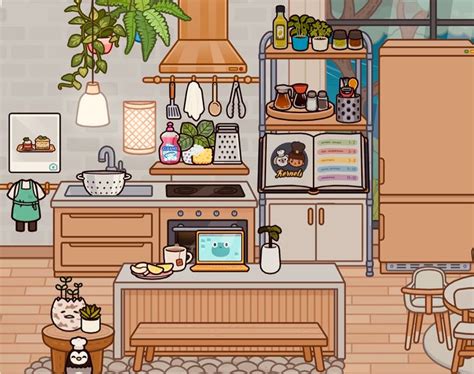 a cartoon kitchen with pots and pans on the stove, potted plant in the corner