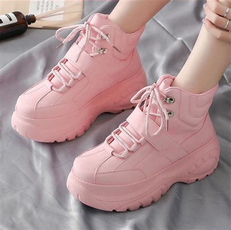 High Top Women Sneakers 5 Cm Thick Shoes Breathable Sneaker White Pink ...