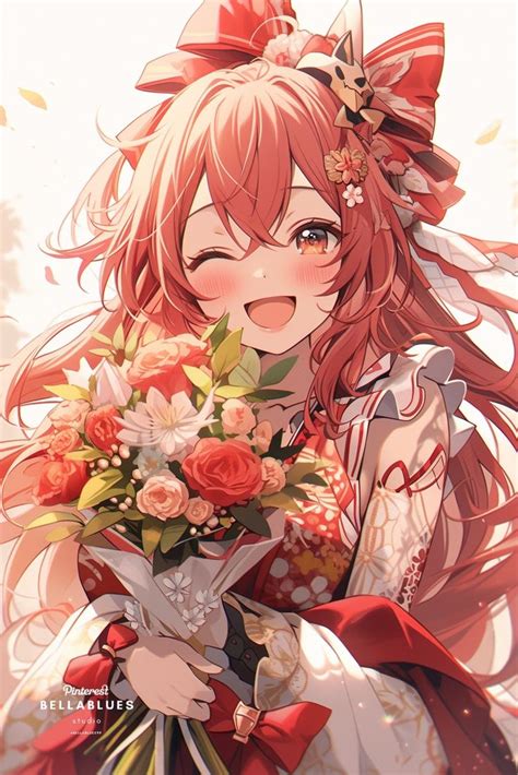 an anime girl with long red hair holding a bouquet of flowers and looking at the camera