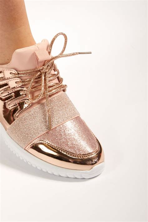 Jess Rose Gold Metallic Sparkle Detail Trainers | Rose gold sneakers ...