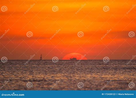 Fishing Boat in the Ocean on a Sunset Background Stock Photo - Image of ...